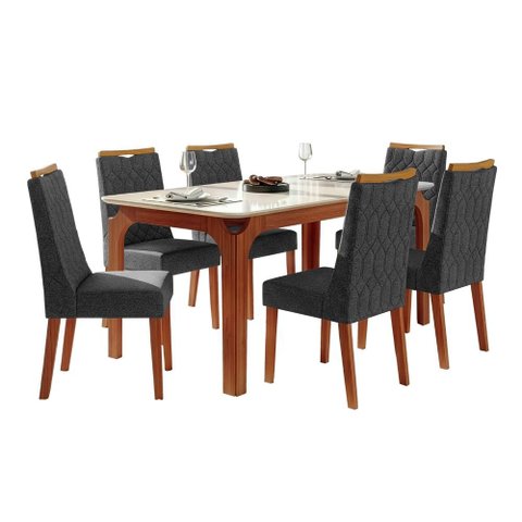 Conjunto Sala de Jantar Mesa Tampo em Vidro 1,60m Mel 6 Cadeiras Bel