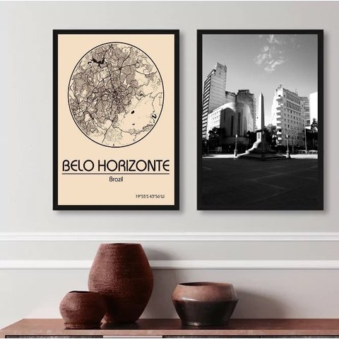 Kit 2 Quadros Belo Horizonte- Mapa e Fotografia 24x18cm - com Vidro:madeira Branca