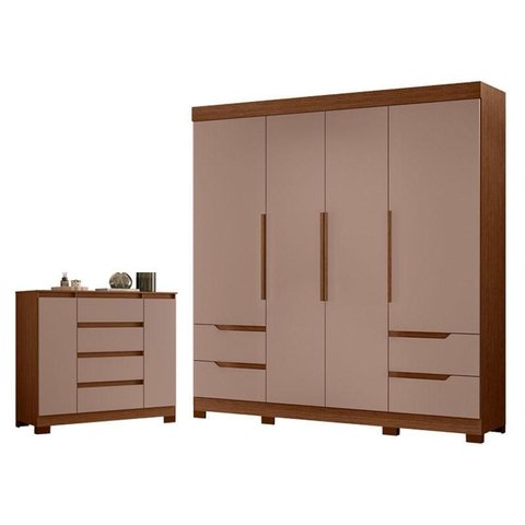 Guarda Roupa Solteiro Vivacce 04 Portas e Cômoda Sapateira Atena Nogueira Capuccino - Móveis