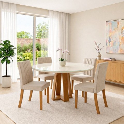 Conjunto Sala de Jantar Mesa Lisa 140cm com Tampo MDF e Vidro Redonda 4 Cadeiras Lily