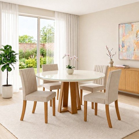 Conjunto Sala de Jantar Mesa Lisa 140cm com Tampo MDF e Vidro Redonda 4 Cadeiras Lily
