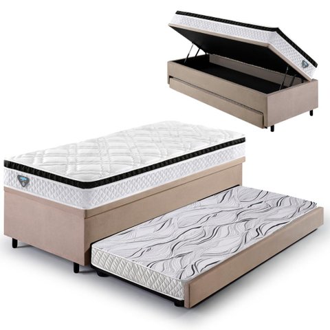 Bicama Box Baú Solteiro Suede Bege 88x188 com Colchão Molas Ensacadas Cama Inhouse Ecoflex