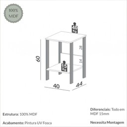 Mesa Auxiliar em Mdf 40x44x60 Cm Branco Freijó Dalla Costa F14 - 3
