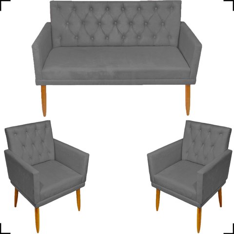 Kit Namoradeira Decorativa Para Sala Capitonê Com Base + 2 Poltronas Para Recepção Suede