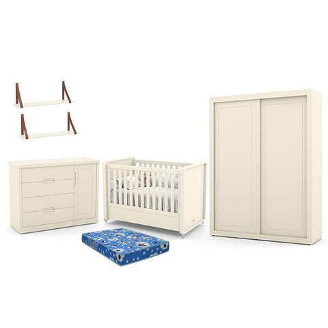 Dormitório Tutto New 2 Portas, Cômoda 1 Porta, Berço Off White com Colchão e Prateleiras - Matic Móv