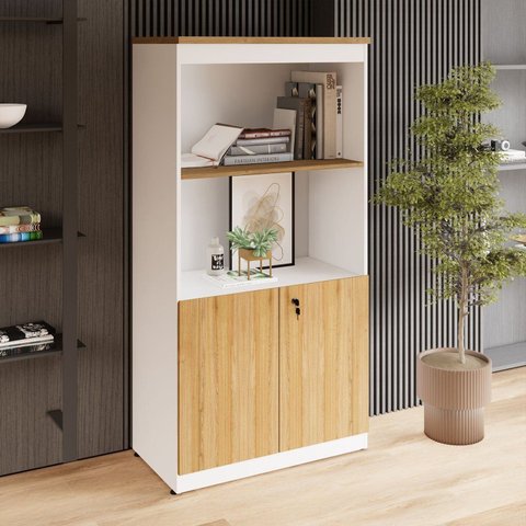 Estante Armário 160cm para Escritório com 2 Portas Puxadores Cava Corporate F5 Marrom/Macadâmia/Bran