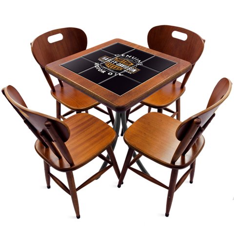 Cj Mesa Madeira Azulejo 60x60cm - Bistrô Fixa 78cm + 4 Cadeiras 43 - Natural - Harley Davidson Genui