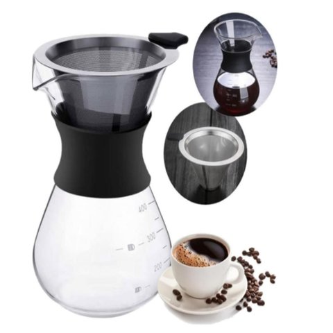 Cafeteira Vidro com Coador 400ml Filtro Inox Passador de Cafe Bule Jarra Manual Moderno