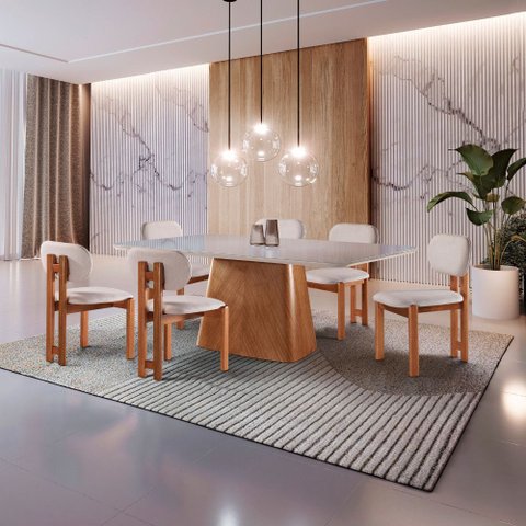 Conjunto Sala de Jantar 6 Lugares Lotus - Mesa e Cadeiras Orgânicas Madeira Maciça Linho