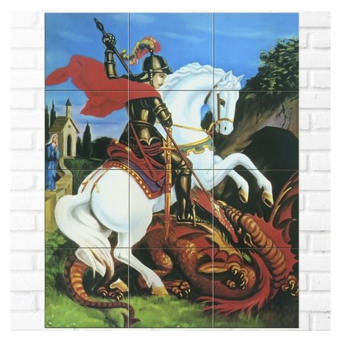 Quadro São Jorge a Cavalo com Lança e Dragão 80x60 em Azulejos