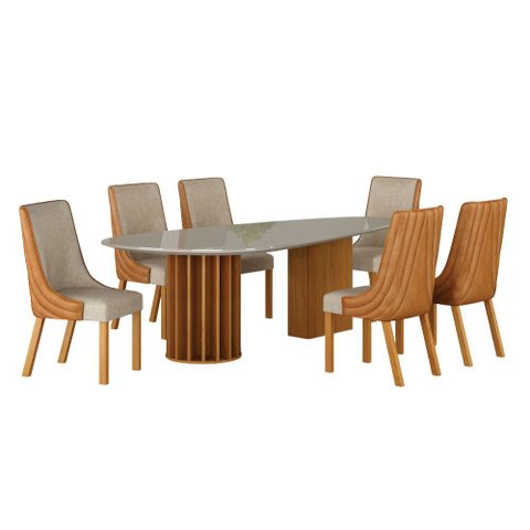 Conjunto Sala de Jantar Mesa Orgânica 200cm 6 Cadeiras Belle com Tampo Vidro Cinamomo/Sintético Terr