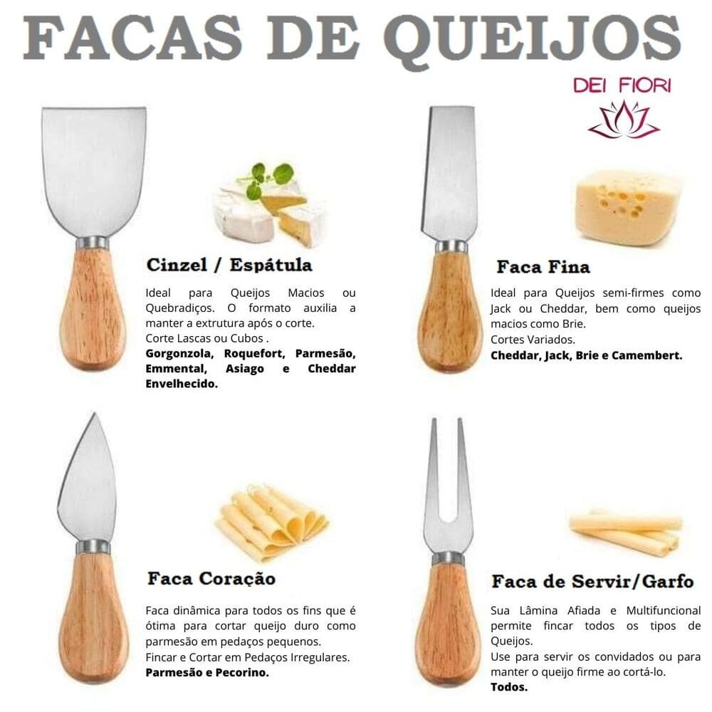 Conjunto Jogo de Facas para Cortar Queijo 4 Peças em Aço Inox Cabo de Madeira Kit Espátula Elegante - 6