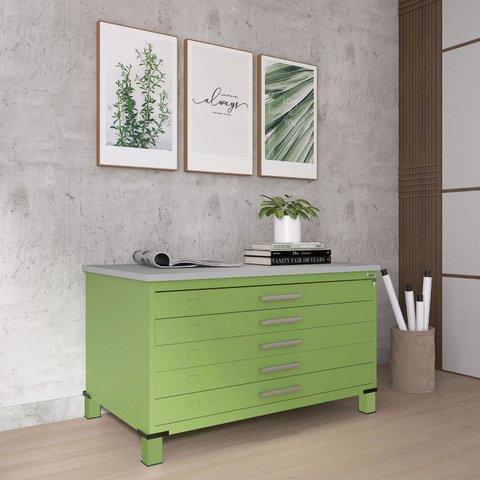 Mapoteca Mont 5 Gavetas 71,3cm x 120,4cm Aço Verde/Miro/Cinza