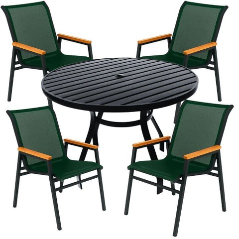Mesa 1,00m Ripado Alumínio + 4 Cadeiras Praia Tela Sling Área Externa Piscina Jardim Verde