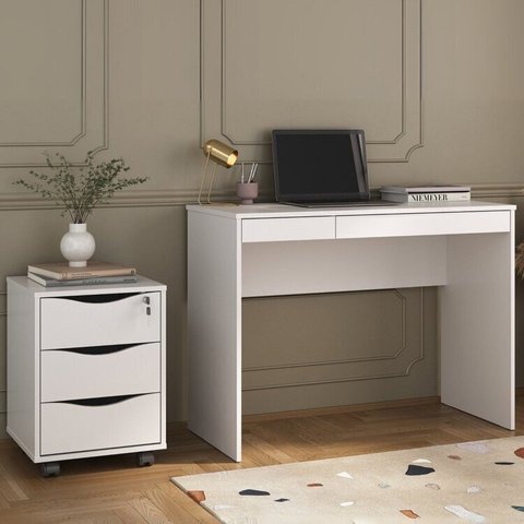 Conjunto Escrivaninha Gaveteiro 3 Gavetas Face College Branco Artany