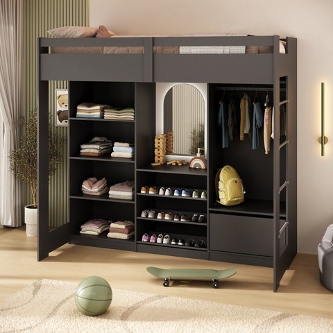 Cama Juvenil Multifuncional com Closet e 1 Gaveta Luna Grafite Espresso Moveis