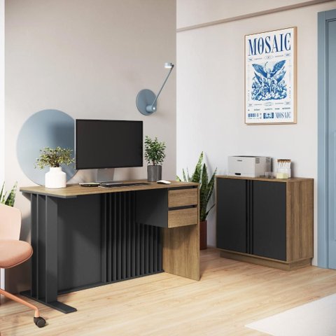 Conjunto Home Office 2 Peças Escrivaninha com Gavetas e Armário Mel/Grafite - Faema