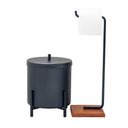 Ver imagem 1 de Kit Lixeira Alumínio Banheiro Cozinha com Papeleira Base Madeira Preto Fosco D01 Clique Chique
