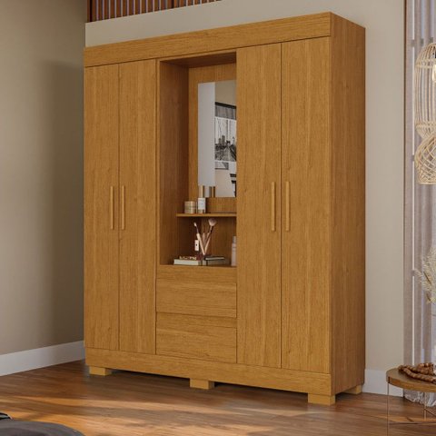 Guarda-Roupa Solteiro Isabely 4 Portas 2 Gavetas com Espelho Cinamomo - ACP Móveis