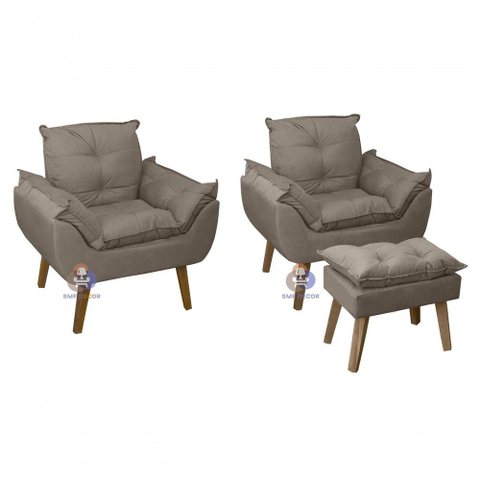 Kit 02 Poltrona-cadeira Decorativa e Puff Opala Capuccino com Pés Quadrado