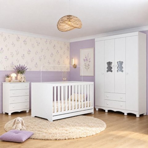Quarto de Bebê Completo com Berço Americano 3 em 1 e Colchão Incluso Flor Multimóveis MP4930
