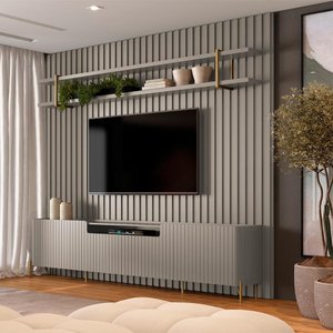 Rack Brise com Painel Ripado e Prateleira 280cm 100% Mdf Cor:grigio com Dourado