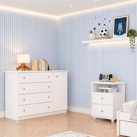 Conjunto Quarto Juvenil Americano 1 Cômoda e 1 Mesa de Cabeceira Branco