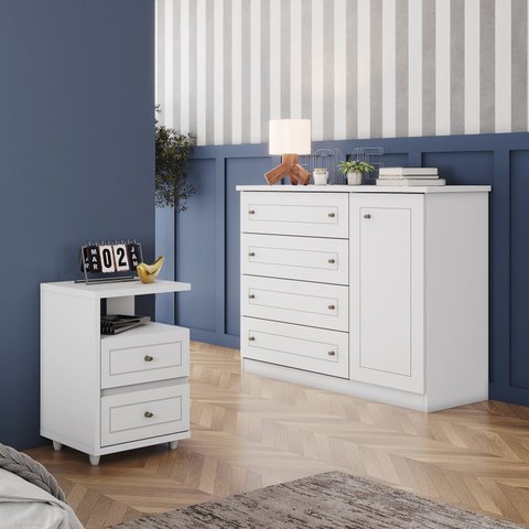 Conjunto Quarto Juvenil Americano 1 Cômoda e 1 Mesa de Cabeceira Branco