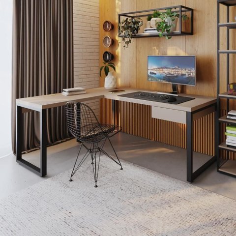 Mesa em L Presidente C-01 Gav. 190x160x75cm Yon - Off White-Est.Preta Off White-Est.Preta
