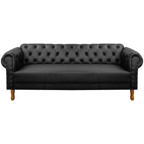 Sofá Chesterfield 3 Lugares Pés Luís Xv Capitonê Corino Preto:corino Preto