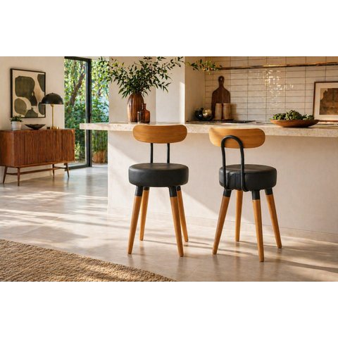 Banqueta Baixa 2un Encosto Ergonomico P/ Cozinhas Pé Palito Bancos Ilhas Bancadas Madeira Preta