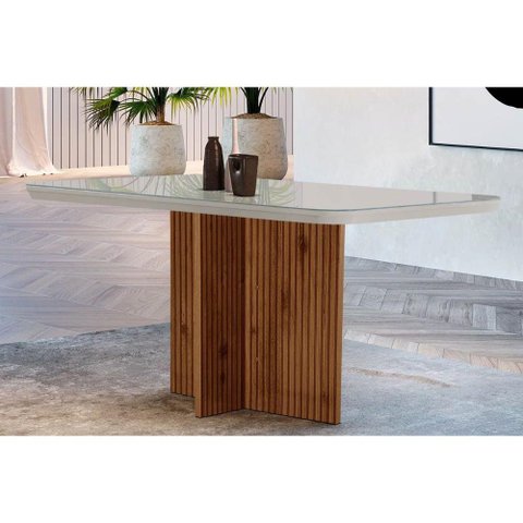 Mesa de Sala Jantar Berlim + Tampo Madeirado Vidro Curvo 120x80cm Off White/Imbuia Ripado-Vidro Off
