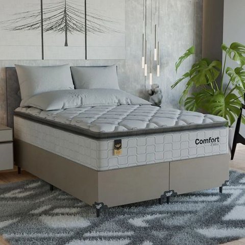 Cama Box Casal Bipartido + Colchão Comfort Class Pillow Top Branco/suede Bege