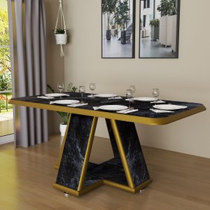 Mesa para Sala de Jantar Retangular Moderna Estampa Marmorizada:preto/dourado