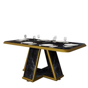 Mesa para Sala de Jantar Retangular Moderna Estampa Marmorizada:preto/dourado