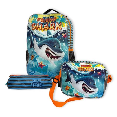 Kit Mochila Infantil Escolar com Rodinha 3 Peças Tubarão