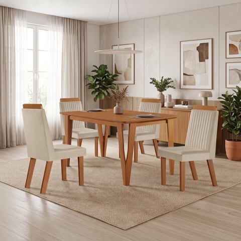 Conjunto Sala de Jantar Mesa Elos 1,20x0,80 Tampo Amadeirado 4 Cadeiras Riviera Cinamomo/Creme