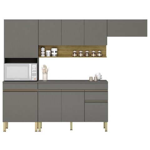 Armário de Cozinha 4 peças Balcão com Tampo 150cm Lina17 K02 Gris/Freijó - Mpozenato