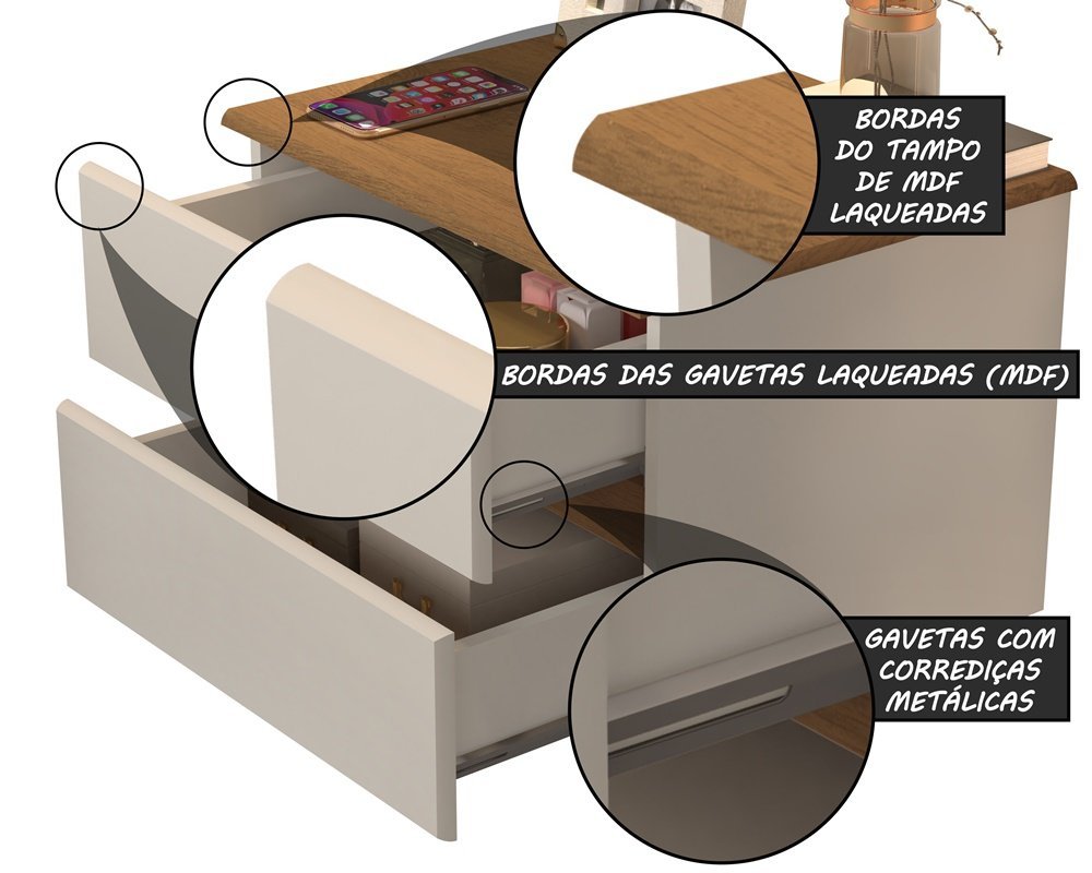 Kit Mesas De Cabeceira Tóquio Suspenso 2 Gavetas:Off White/Freijó - 2