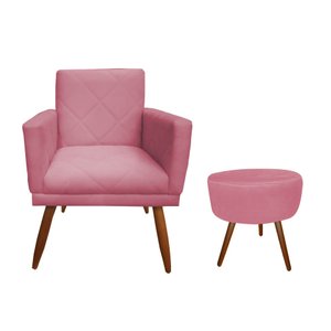 Kit Poltrona Decorativa Nina Riscado + Puff Redondo Suede Rosa Pés Madeira Ms Decor