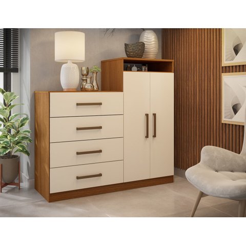 Comada 4 Gavetas Espaçosa Com Armario de 2 Portas e Prateleiras Interna Aurea:Amendola/Off Whinte