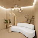 Ver imagem 2 de Sofá Curvo 2 Lugares Orgânico Escritório Recepção Sala Amsterdã 130cm Bouclé - Doce Sonho Móveis