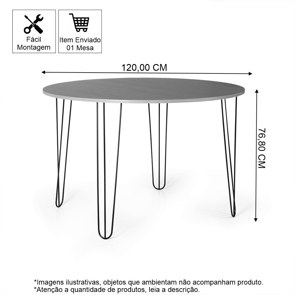 Mesa de Jantar Redonda 6 Lugares 120cm Base de Ferro Hairpin Preto - Straub Web - 3