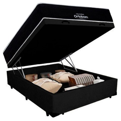 Cama Box Baú Casal Suede + Colchão Airtech Molas Ensacadas Antares Ortobom 138x188x71 Preto