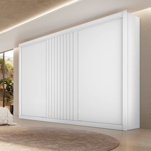 Guarda-Roupa Casal Ripado 3 Portas e 6 Gavetas Vitória Branco/Acetinado