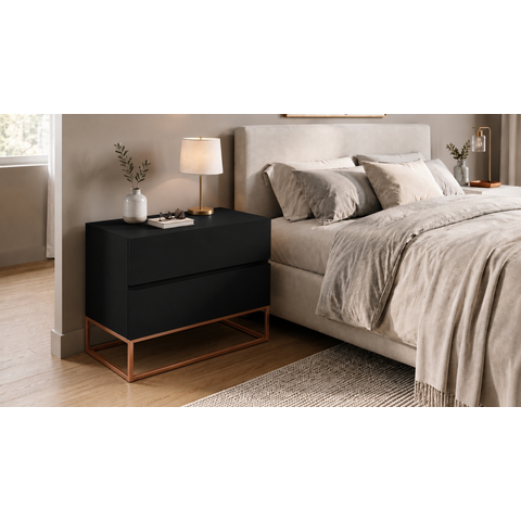 Mesa Cabeceira Eros 60cm 2 Gavetas Estilo Industrial Preto Pés Cobre