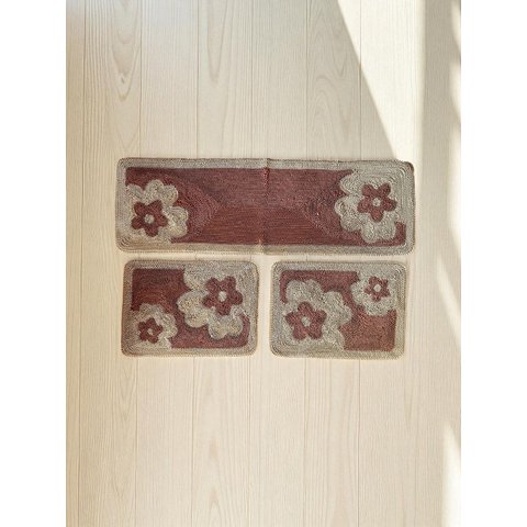 Jogo de Tapete 3 Peças Floral Bicolor Dourado com Caramelo