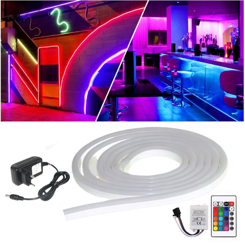 Fita Mangueira Neon Led RGB Flexível De Silicone 16 Cores 5M 12V Com Controle Remoto Com Fonte Para 