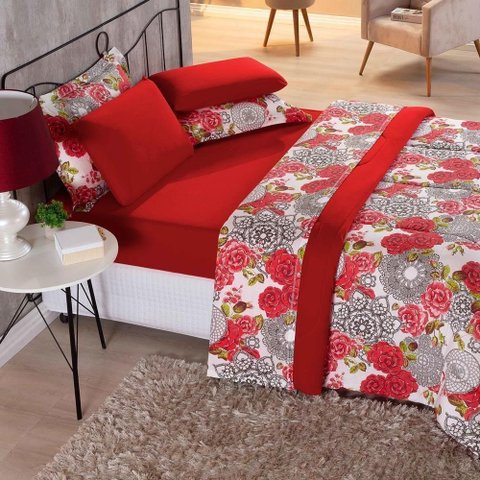 Kit Edredom Malha 100% Algodão Primavera 3 Peças Queen - Floral Vermelho
