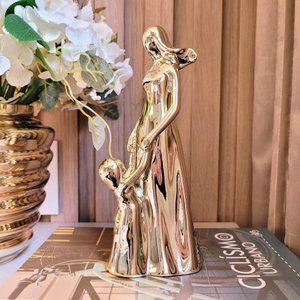 Estátua Mãe e Filha Dourada Decorativa 22x8x9cm Presente